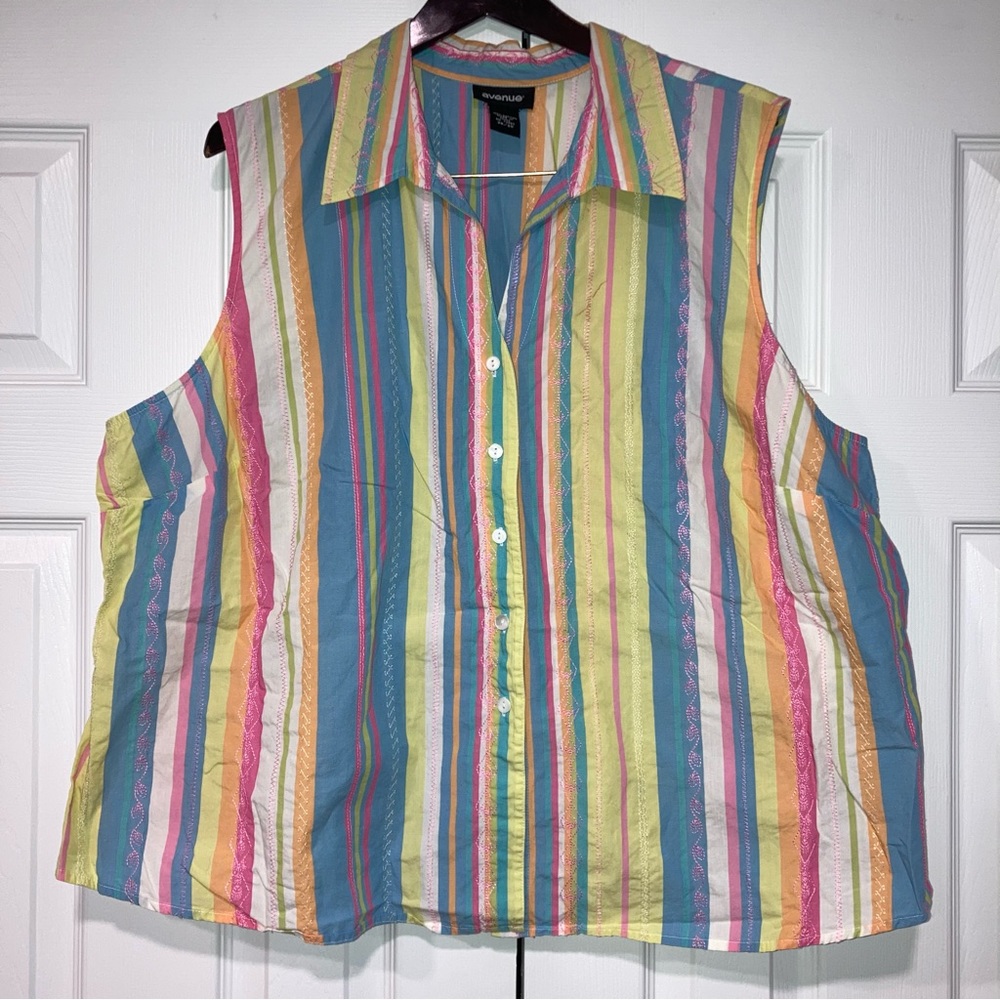 Avenue Women’s 100% Cotton Size 26/28 Striped Embroidered Sleeveless Blouse